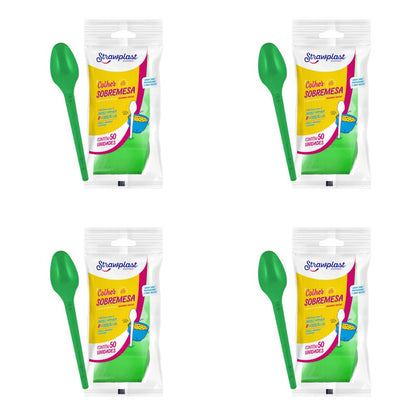Kit de Colher para Sobremesa 12,35cm Verde Strawplast 4 Pacotes com 50 unidades - e - dona