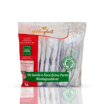 Kit de Garfo e Faca Reforçados 17,5cm Branco embalado individualmente Goldenplast com 50 unidades - e - dona