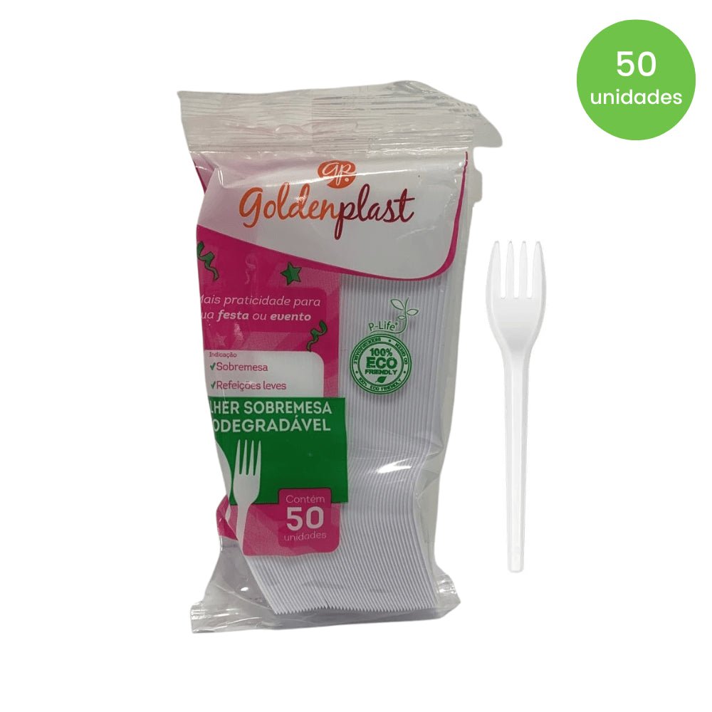 Kit de Garfo para Sobremesa 12,5cm Branco Biodegradável Goldenplast 4 Pacotes com 50 unidades - e - dona