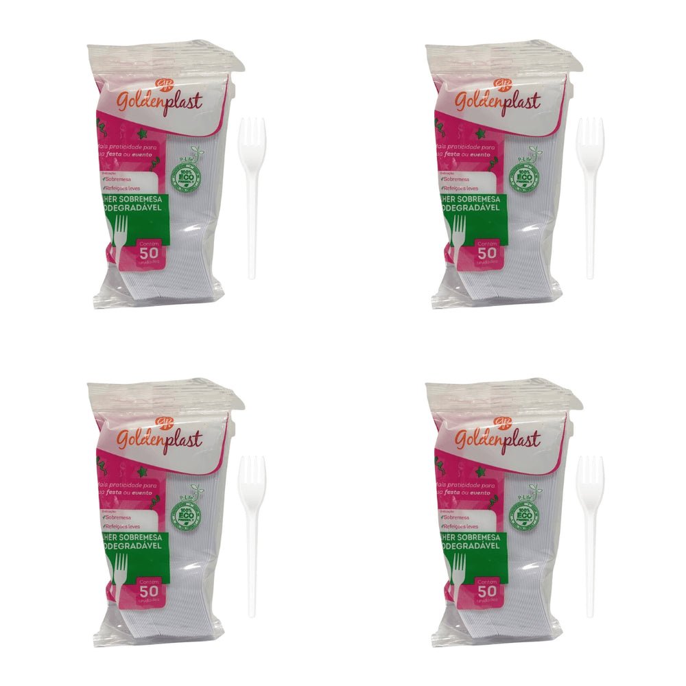 Kit de Garfo para Sobremesa 12,5cm Branco Biodegradável Goldenplast 4 Pacotes com 50 unidades - e - dona
