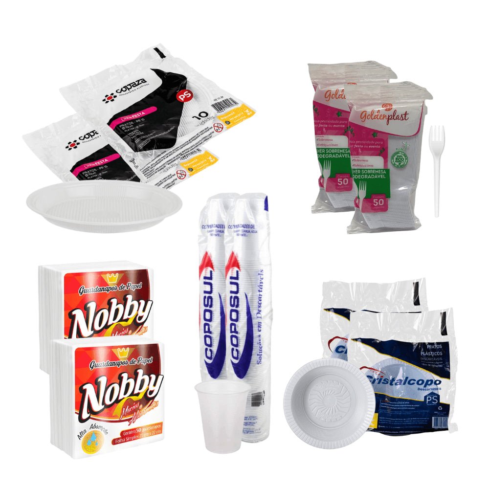 Kit Descartável de Festa branco para até 100 pessoas com 422 peças - e - dona