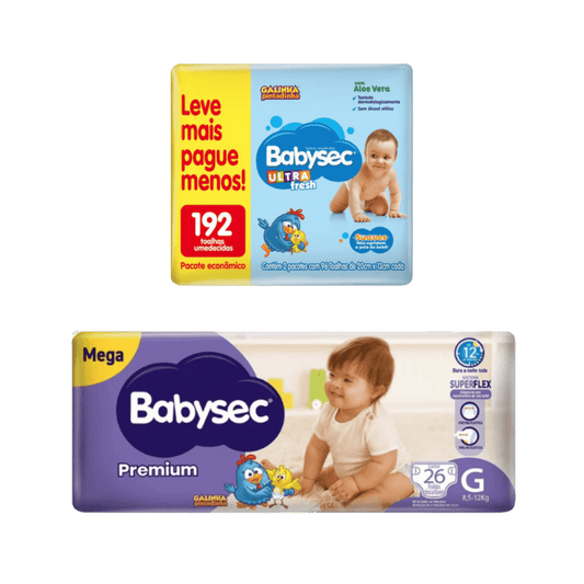 Kit Fralda Babysec Premium Mega G 26 Unidades + Lenço Umedecido Babysec Ultra Fresh 192 Unidades - e - dona