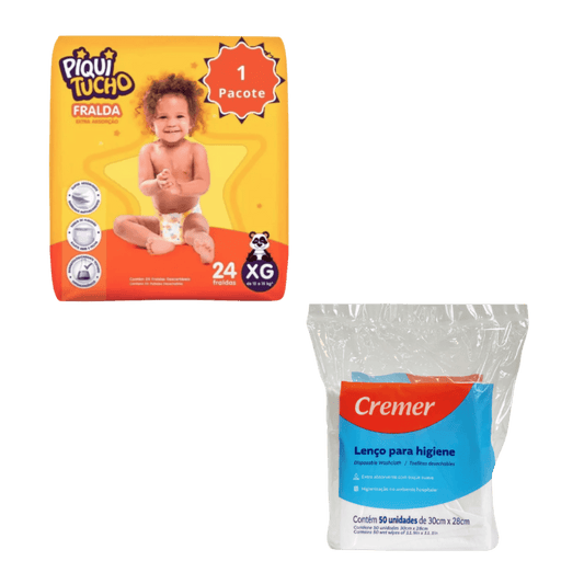 Kit Fralda Cremer Piquitucho 24 Unidades + Lenço para Higiene Cremer Wipes 50 Unidades - e - dona