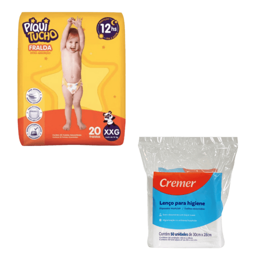 Kit Fralda Cremer Piquitucho XXG 20 Unidades + Lenço para Banho Cremer 50 Unidades - e - dona