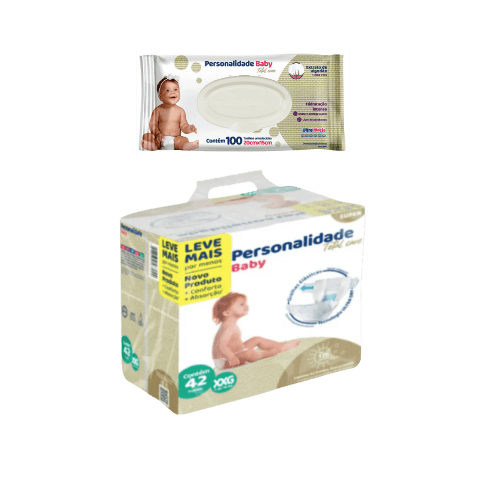 Kit Fralda Personal Baby Total Care 42 Unidades + Lenço Umedecido Personalidade Baby 100 Unidades - e - dona