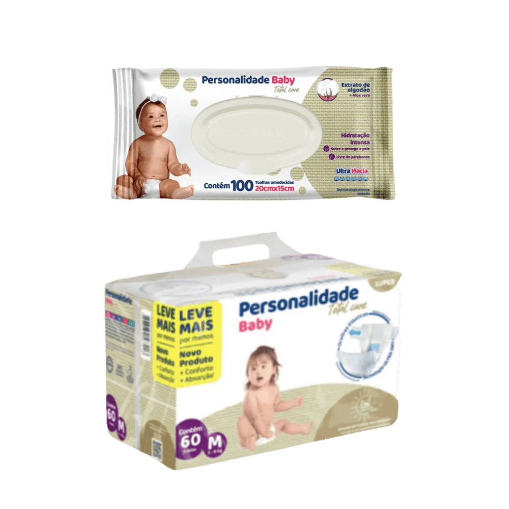 Kit Fralda Personal Baby Total Care 60 Unidades M + Lenço Umedecido Personalidade Baby 100 Unidades - e - dona