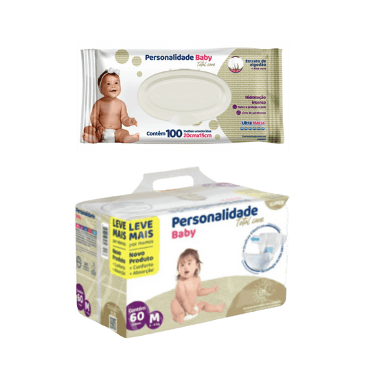 Kit Fralda Personal Baby Total Care 60 Unidades M + Lenço Umedecido Personalidade Baby 100 Unidades - e - dona