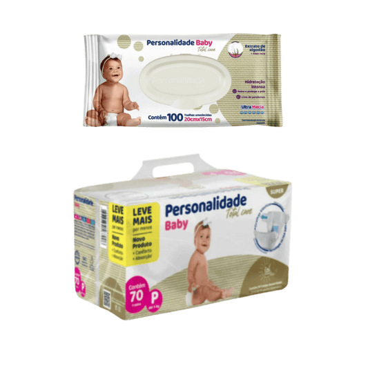 Kit Fralda Personal Baby Total Care 70 Unidades + Lenço Umedecido Personalidade Baby 100 Unidades - e - dona