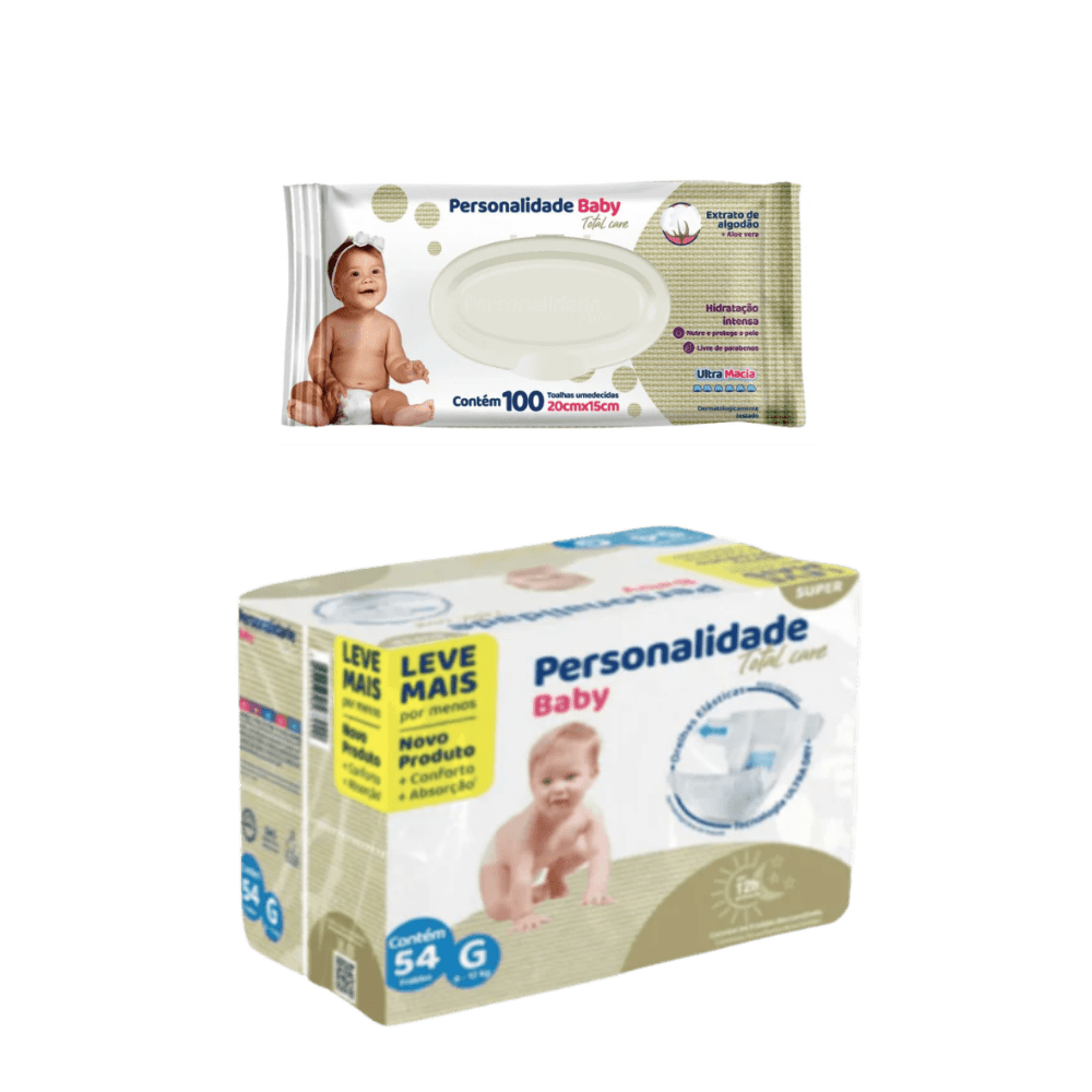 Kit Fralda Personal com 54 Unidades + Lenço Umedecido Personalidade Baby com 100 Unidades - e - dona