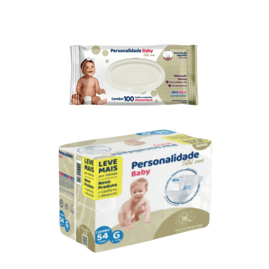 Kit Fralda Personal com 54 Unidades + Lenço Umedecido Personalidade Baby com 100 Unidades - e - dona