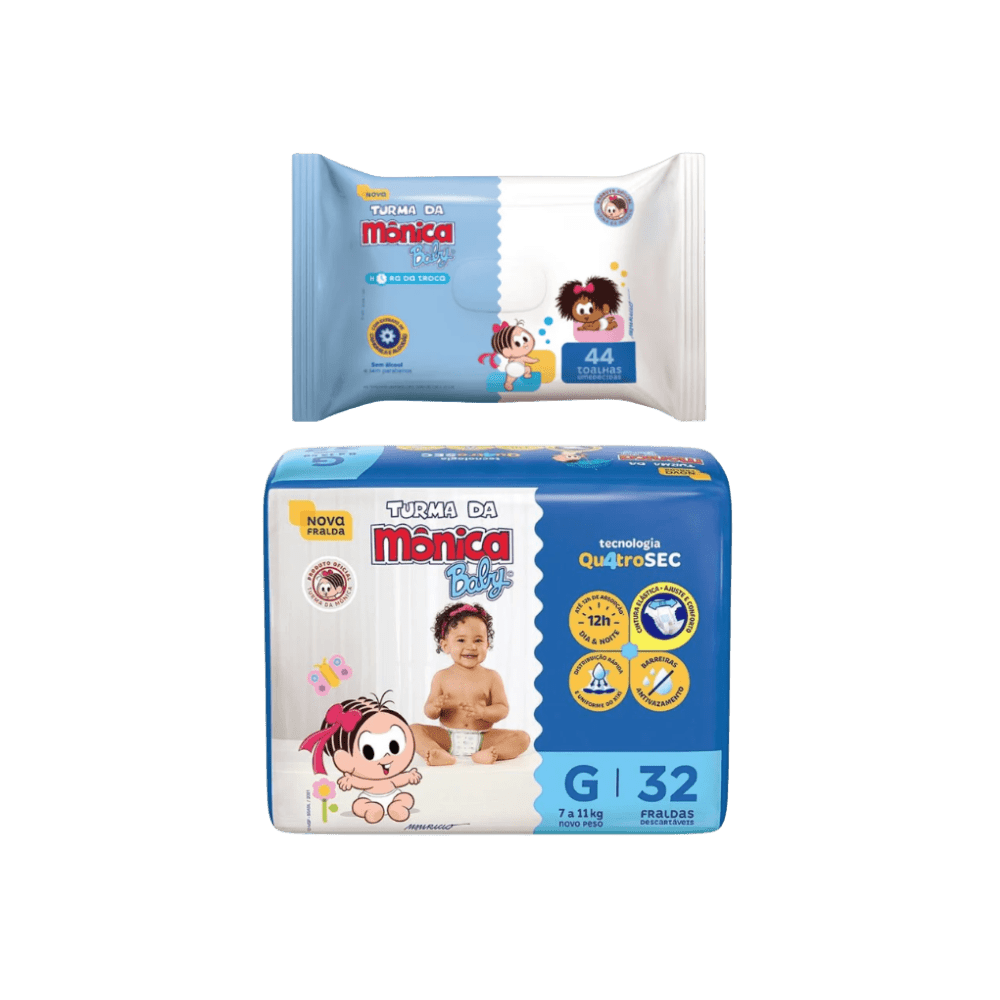 Kit Fralda Turma da Mônica Econômica G 32 Unidades + Lenço Umedecido Turma da Mônica Baby 44 Unidades - e - dona