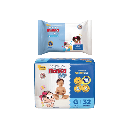 Kit Fralda Turma da Mônica Econômica G 32 Unidades + Lenço Umedecido Turma da Mônica Baby 44 Unidades - e - dona