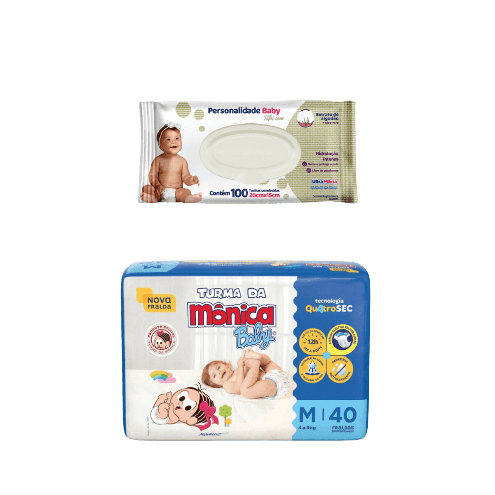 Kit Fralda Turma da Mônica Econômica M 40 Unidades + Lenço Umedecido Personalidade Baby 100 Unidades - e - dona
