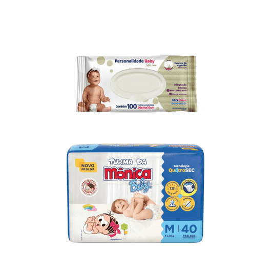Kit Fralda Turma da Mônica Econômica M 40 Unidades + Lenço Umedecido Personalidade Baby 100 Unidades - e - dona
