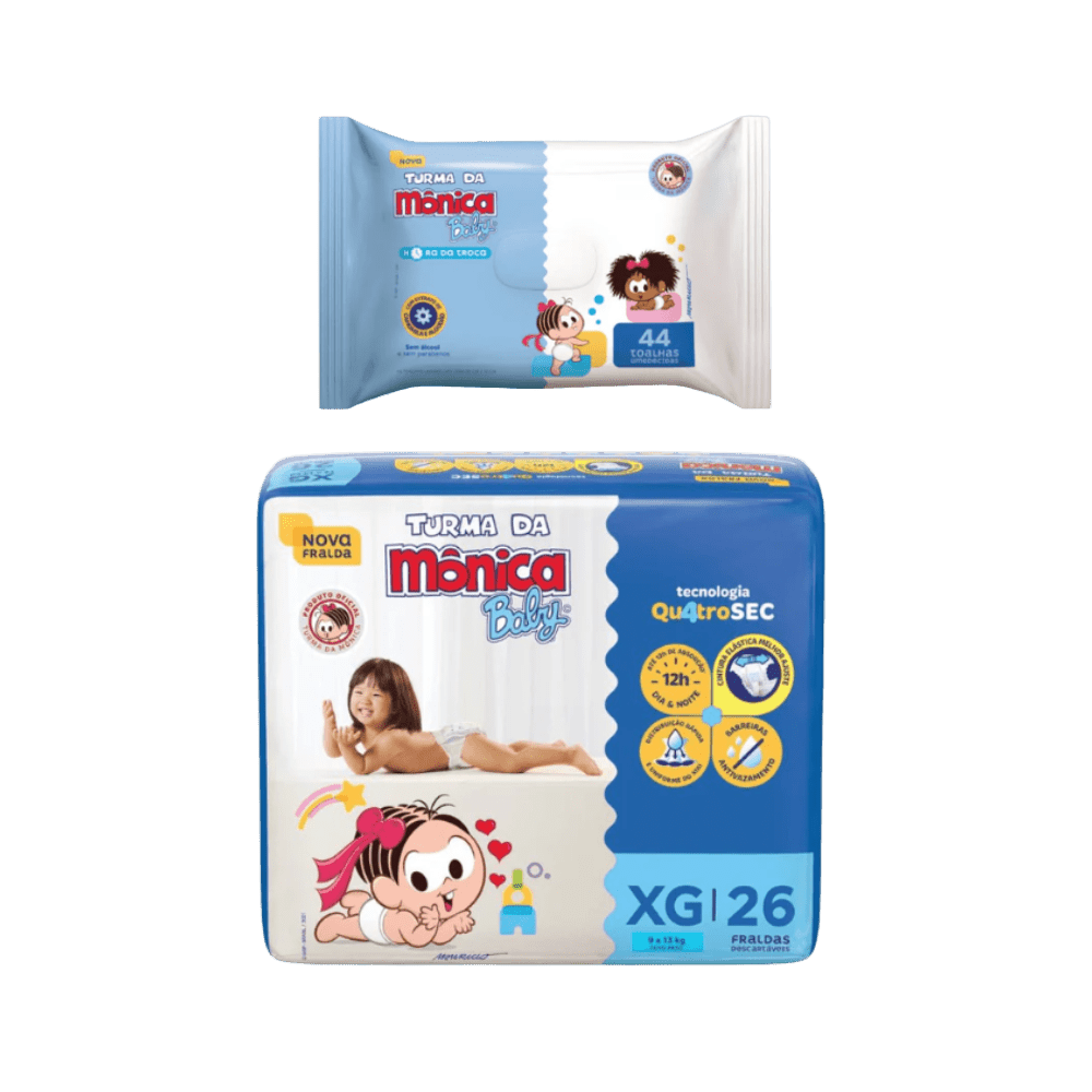 Kit Fralda Turma da Mônica Econômica XG 26 Unidades + Lenço Umedecido Turma da Mônica 44 Unidades - e - dona