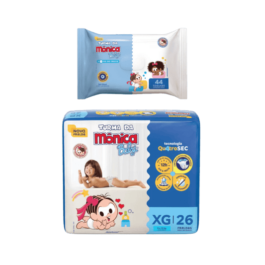 Kit Fralda Turma da Mônica Econômica XG 26 Unidades + Lenço Umedecido Turma da Mônica 44 Unidades - e - dona