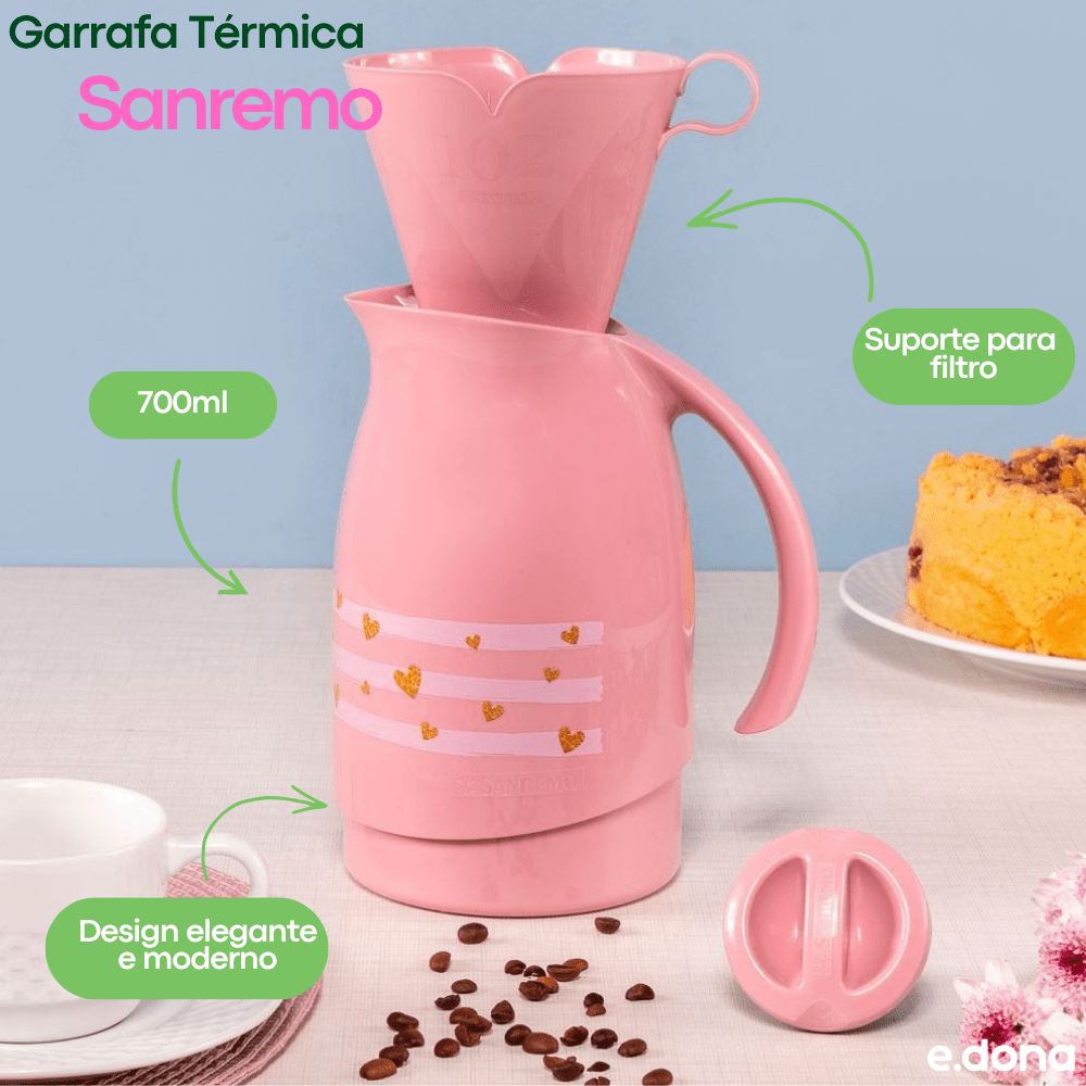 Kit Garrafa Térmica 700ml + Suporte para Filtro Sanremo Rosa - e - dona