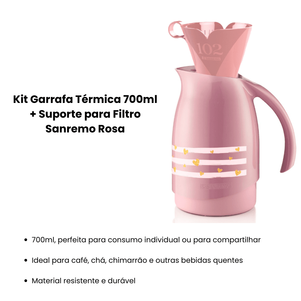 Kit Garrafa Térmica 700ml + Suporte para Filtro Sanremo Rosa - e - dona