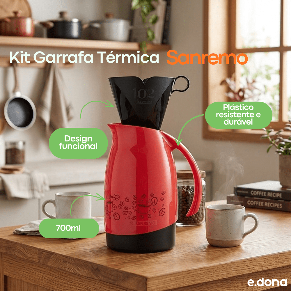 Kit Garrafa Térmica 700ml + Suporte para Filtro Sanremo Vermelha - e - dona