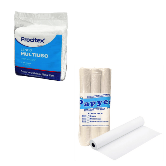 Kit Lenço para Banho Procitex 28x30cm 100 Unidades + Lençol Hospitalar 50x50x6 Papper Branco - e - dona