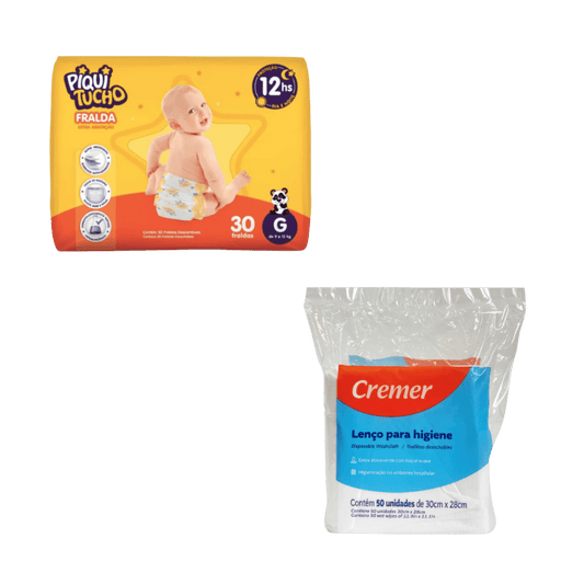 Kit Lenço para Higiene Cremer Wipes 50un + Fralda Piquitucho G 30 Unidades - e - dona