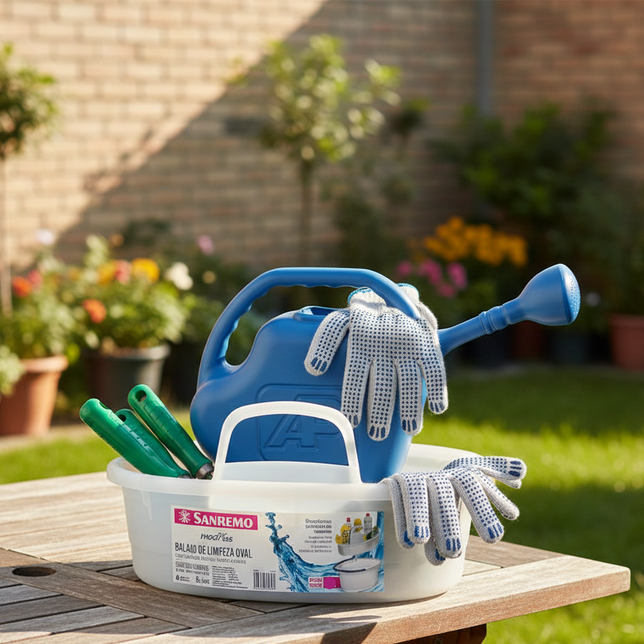 Kit Luva CottonFlex M Branca + Regador 10L Arqplast + Organizador Balaio 6L Sanremo - e - dona