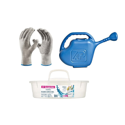 Kit Luva CottonFlex M Branca + Regador 10L Arqplast + Organizador Balaio 6L Sanremo - e - dona