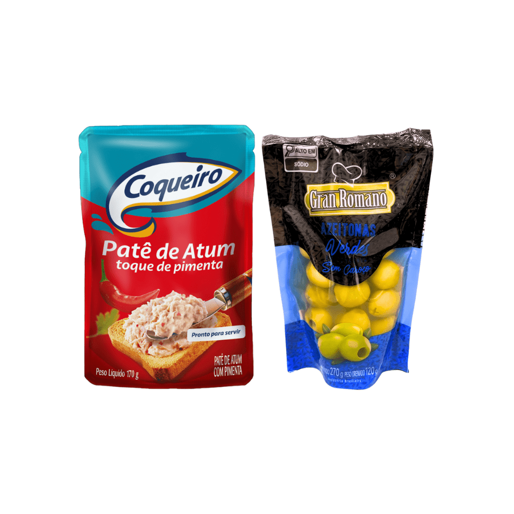 Embalagens de dois produtos alimentícios. À esquerda, patê de atum com toque de pimenta Coqueiro (170 g). À direita, azeitonas verdes sem caroço Gran Romano (270 g) em uma embalagem transparente.