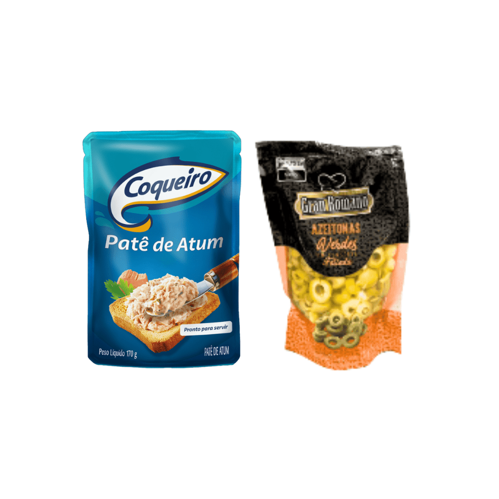 Embalagens de dois produtos alimentícios. À esquerda, patê de atum Coqueiro (170 g). À direita, azeitonas verdes fatiadas Gran Romano em uma embalagem transparente.