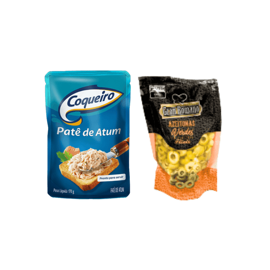 Embalagens de dois produtos alimentícios. À esquerda, patê de atum Coqueiro (170 g). À direita, azeitonas verdes fatiadas Gran Romano em uma embalagem transparente.