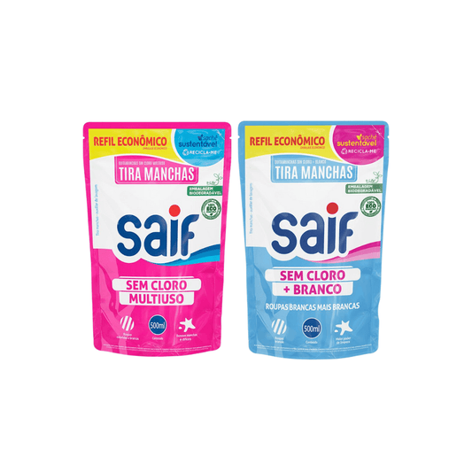 Kit Refil Tira Manchas 500ml Saif Sem Cloro + Tira Manchas 500ml Branco Sem Cloro - e - dona
