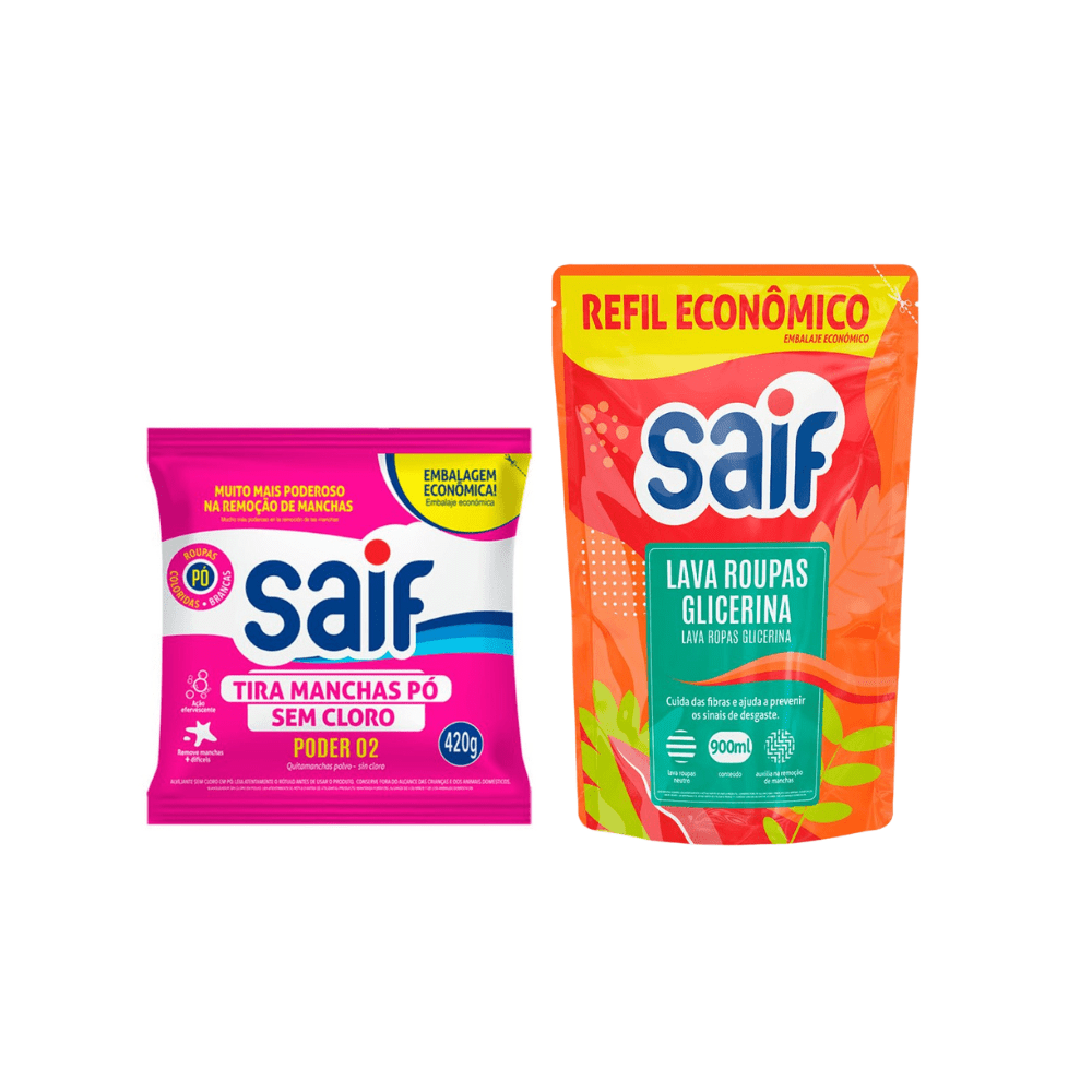 Kit Tira Mancha em Pó Sem Cloro 420g + Refil de Lava Roupas Glicerina 900ml Saif - e - dona
