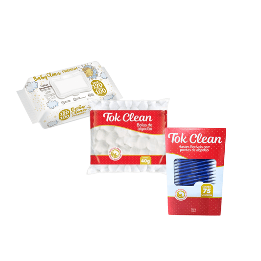 Kit Toalha Umedecida Com 120 Unidades Baby Clean + Bolas de Algodão Tok Clean 40g + Hastes Flexiveis Tok Clean 75 Unidades - e - dona