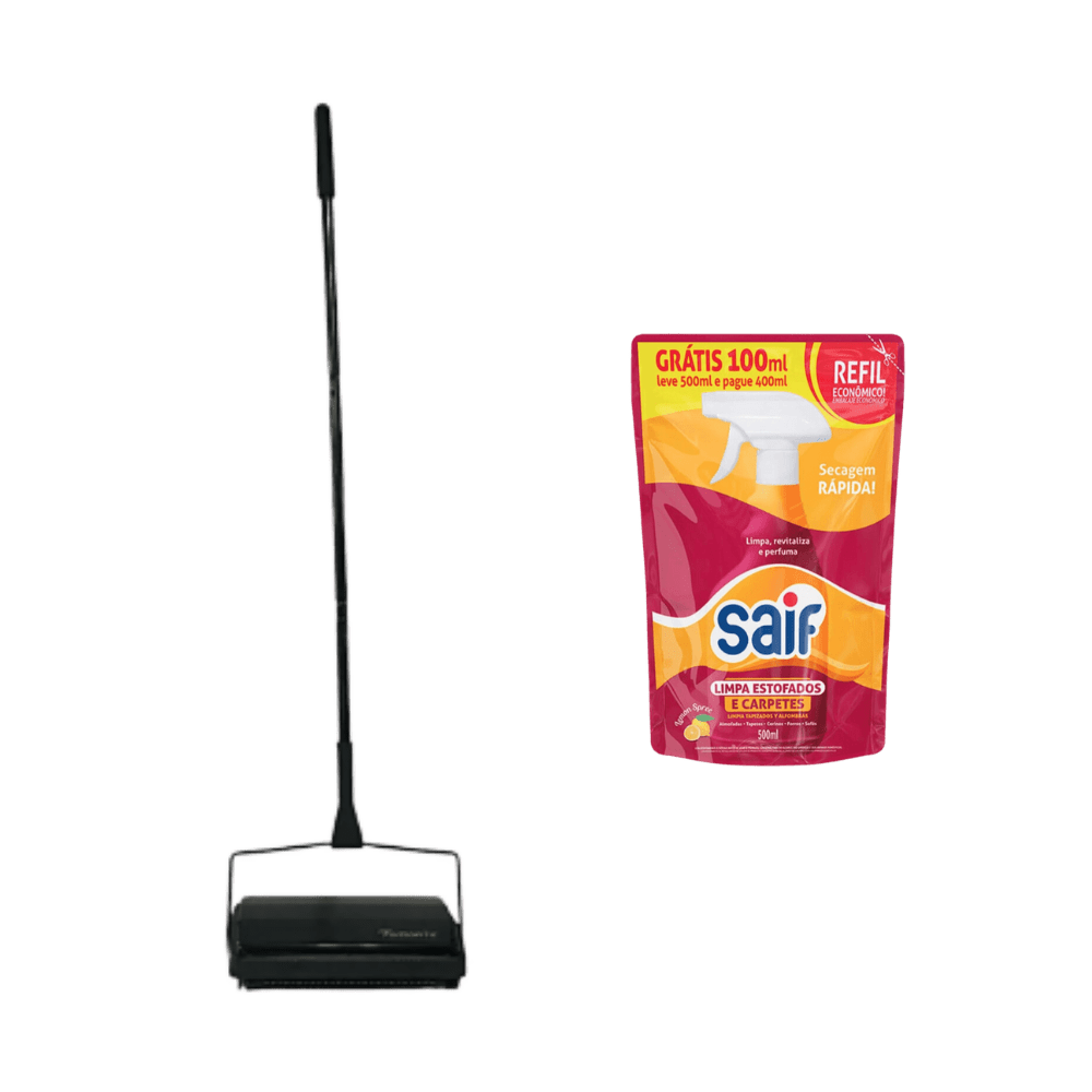 Kit Vassoura Feiticeira Plus com 3 Escovas + Limpa Estofado Sachê 500ml Saif - e - dona