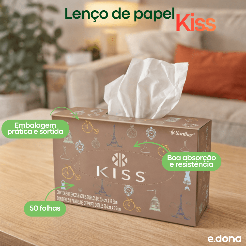 Lenço de papel 21,4x14,4cm Kiss com 50 folhas - Embalagem sortida - e - dona