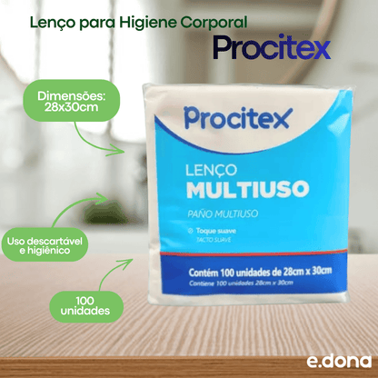 Lenço para Higiene Corporal Procitex 28x30cm - 100 Unidades - e - dona