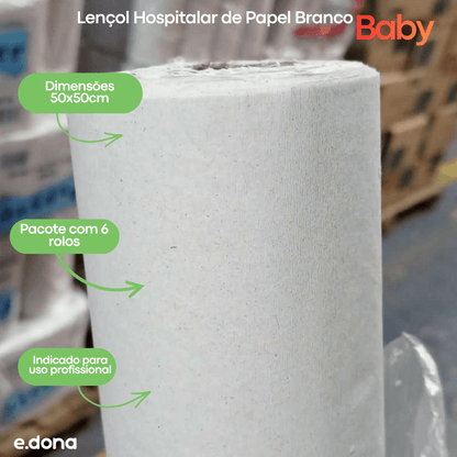Lençol Hospitalar de Papel 50x50cm Branco Baby - 6 Rolos - e - dona