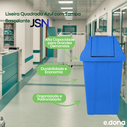 Lixeira 100L Quadrada Azul com Tampa Basculante JSN - e - dona