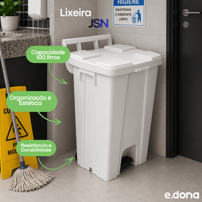 Lixeira 100L Quadrada Branca com Tampa e Pedal JSN - e - dona