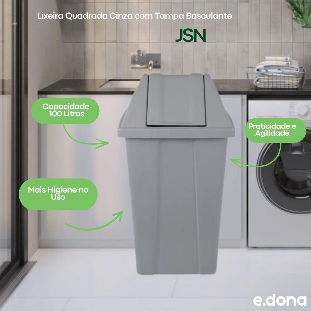 Lixeira 100L Quadrada Cinza com Tampa Basculante JSN - e - dona