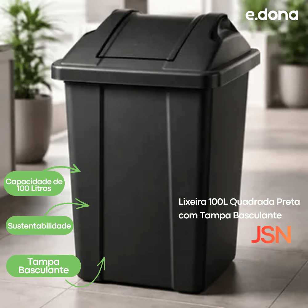 Lixeira 100L Quadrada Preta com Tampa Basculante JSN - e - dona