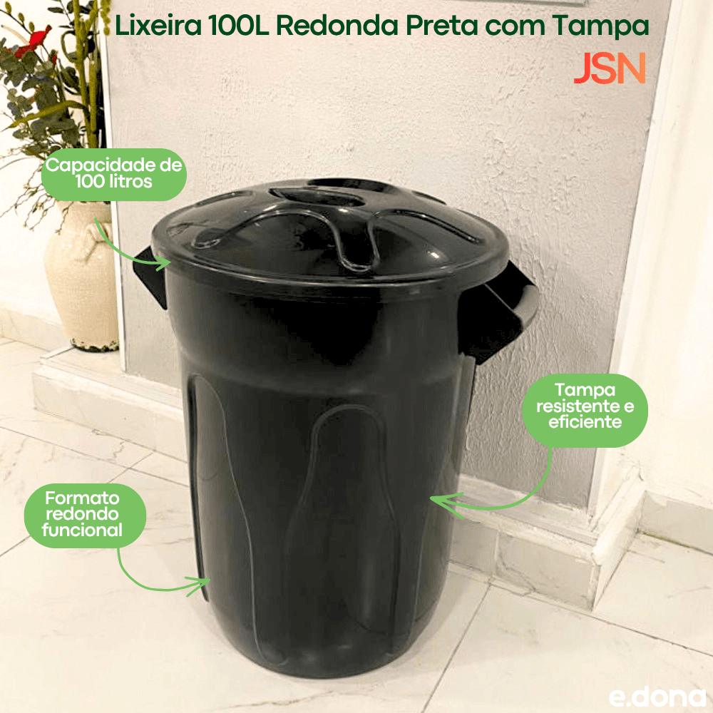 Lixeira 100L Redonda Preta com Tampa JSN - e - dona