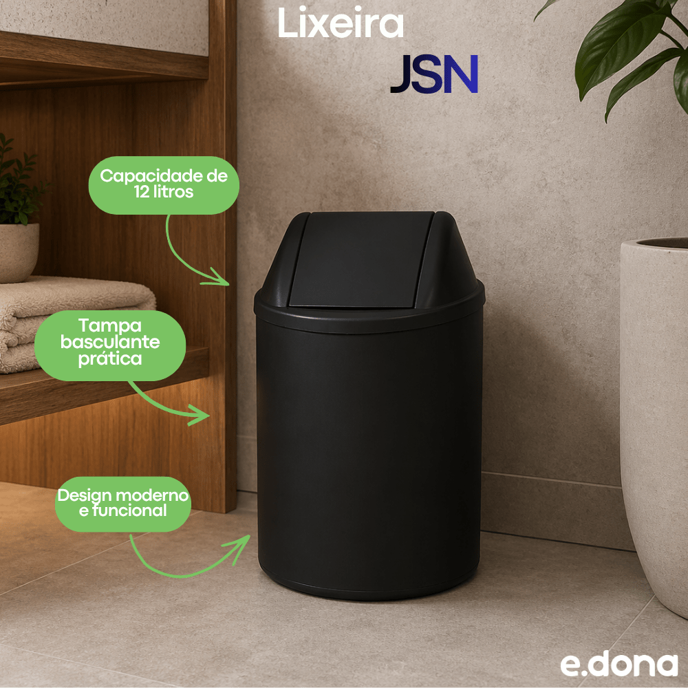 Lixeira 12 Litros Redondo Preto com Tampa Basculante JSN - e - dona