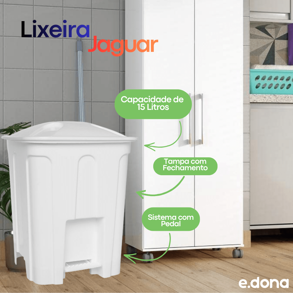 Lixeira 15L Quadrada Branca com Tampa e Pedal Jaguar - e - dona