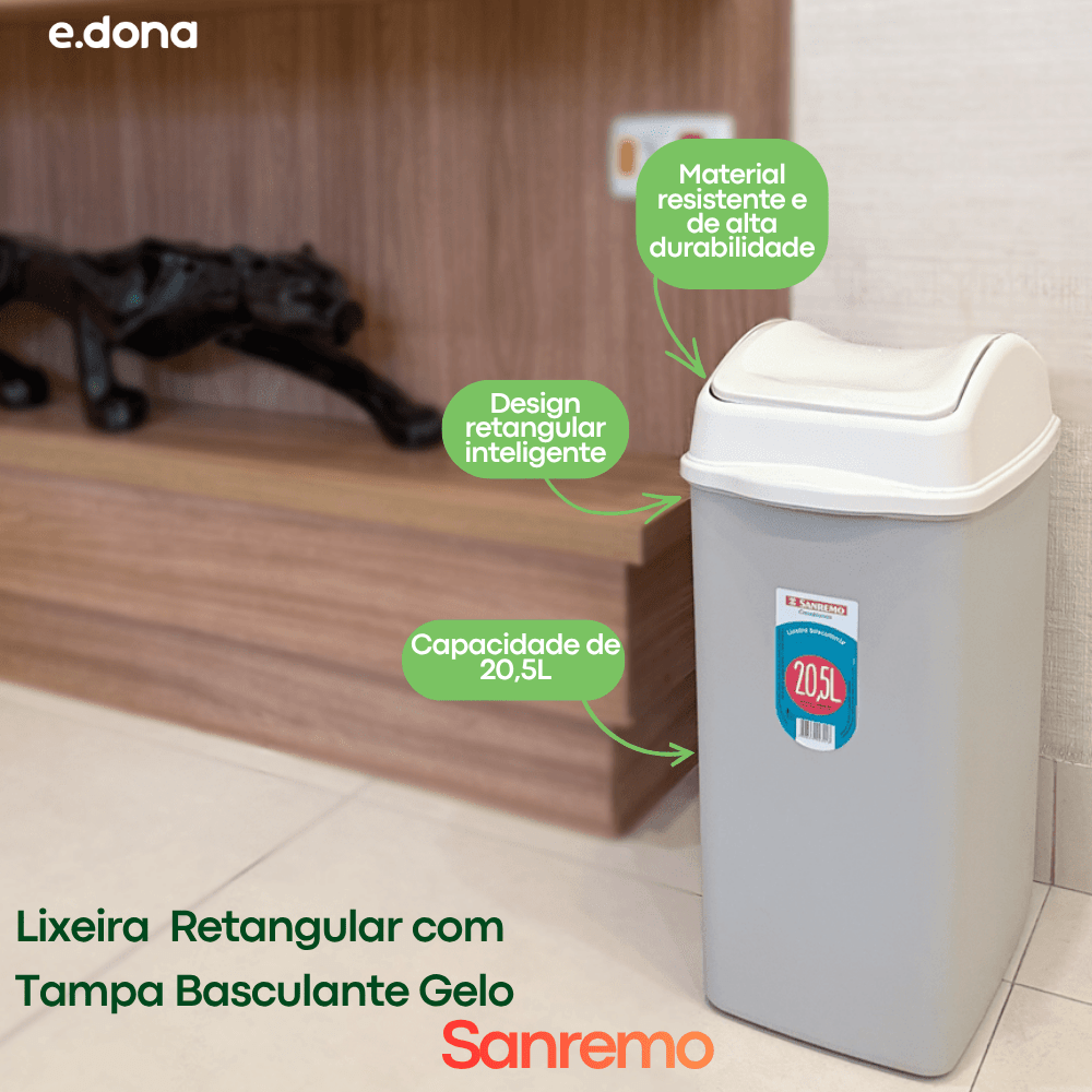 Lixeira 20,5L Retangular com Tampa Basculante Gelo Sanremo - e - dona