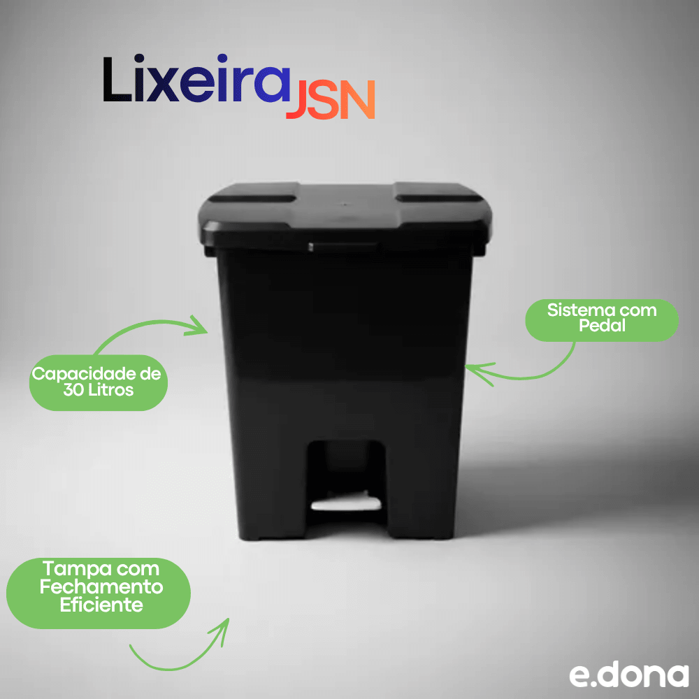 Lixeira 30L Quadrada Preta com Tampa e Pedal JSN - e - dona