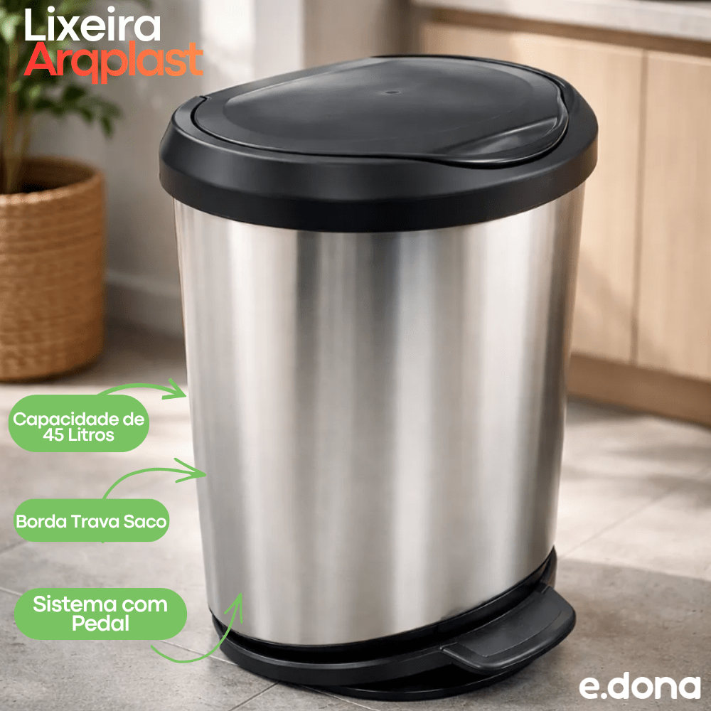 Lixeira 45L com Pedal e Borda Trava Saco Arqplast - e - dona