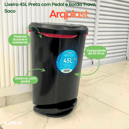 Lixeira 45L Preta com Pedal e Borda Trava Saco Arqplast - e - dona