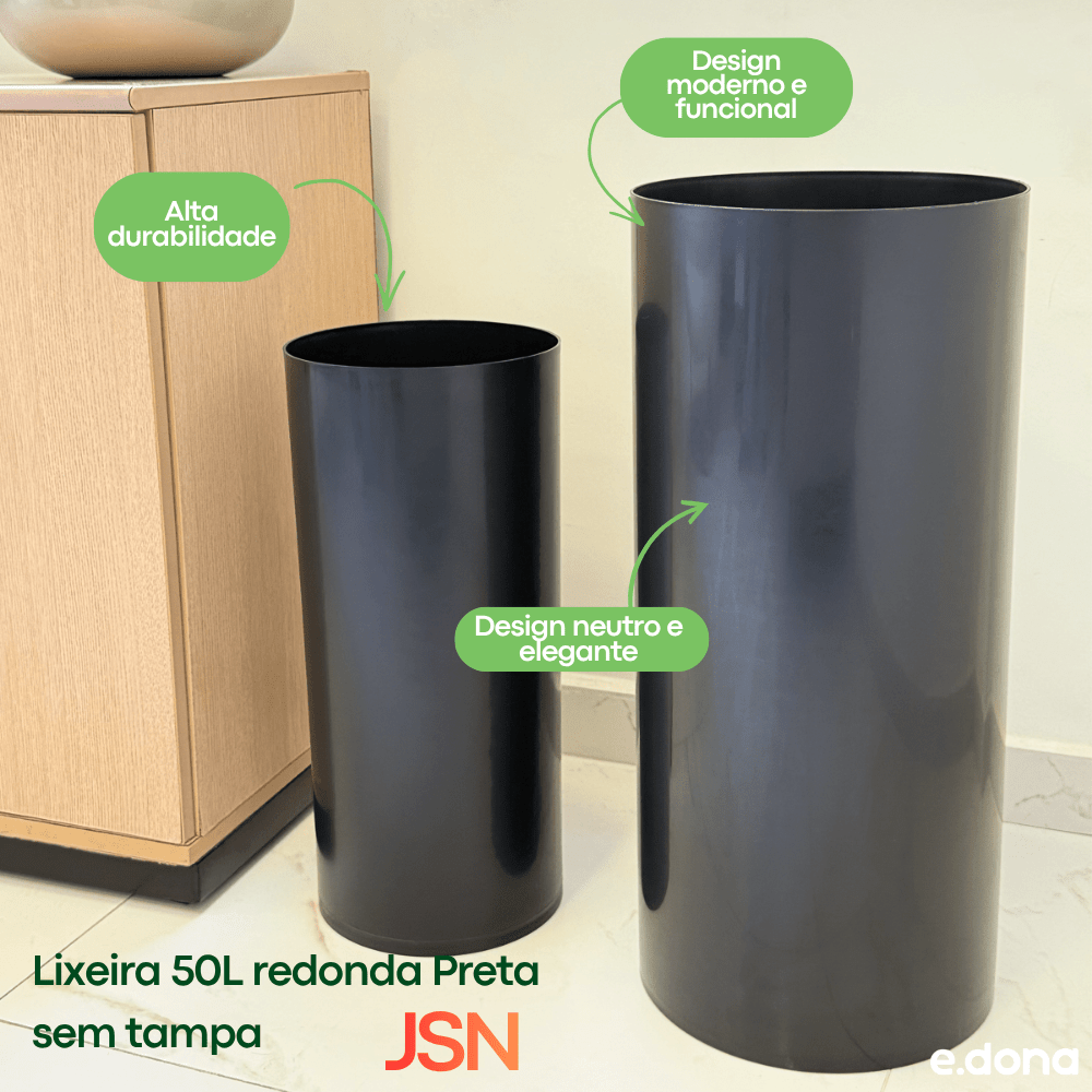 Lixeira 50L redonda Preta sem tampa EB26P JSN - e - dona