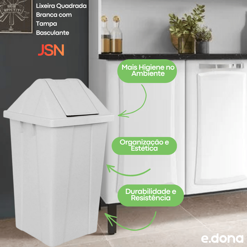 Lixeira 60L Quadrada Branca com Tampa Basculante JSN - e - dona